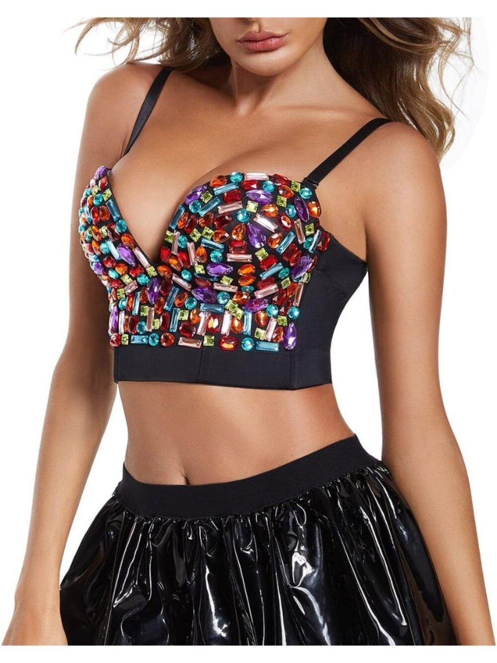 Women Multi Colour Spaghetti Straps Rhinestone Beaded Clubwear Bustier Crop Top - Picture 2 of 7